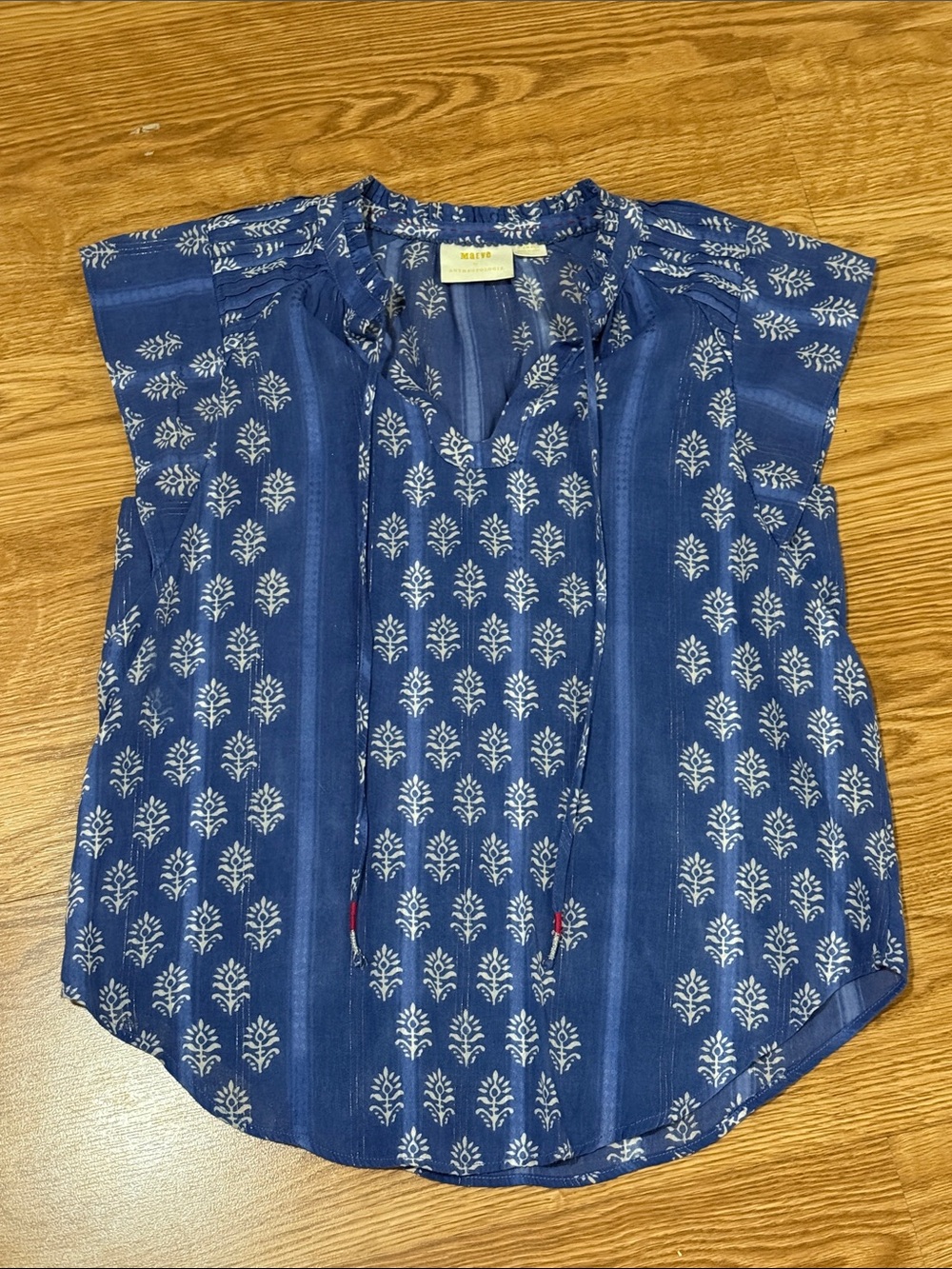 Maeve by Anthropologie Navy Blue Printed Tie-Front Cap Sleeve Blouse